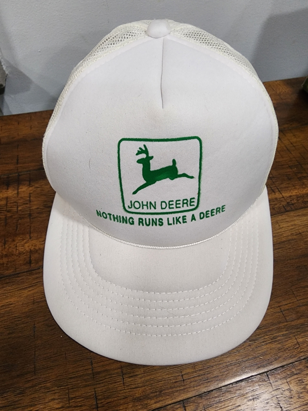 Vintage John Deere Men's White Trucker Cap with Green Logo Mesh Snapback